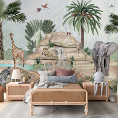 Jolly Jungle wallpaper mural in a children’s bedroom rattan bed
