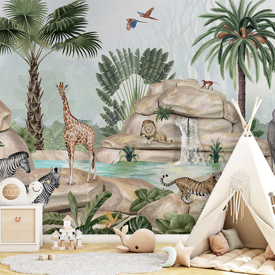 Jolly Jungle wallpaper mural in a children’s playroom tipi