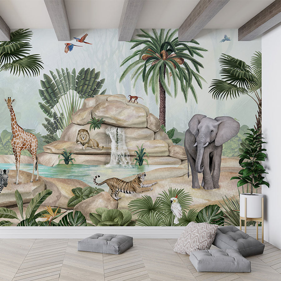 Jolly Jungle wallpaper mural in a living room floor cushions