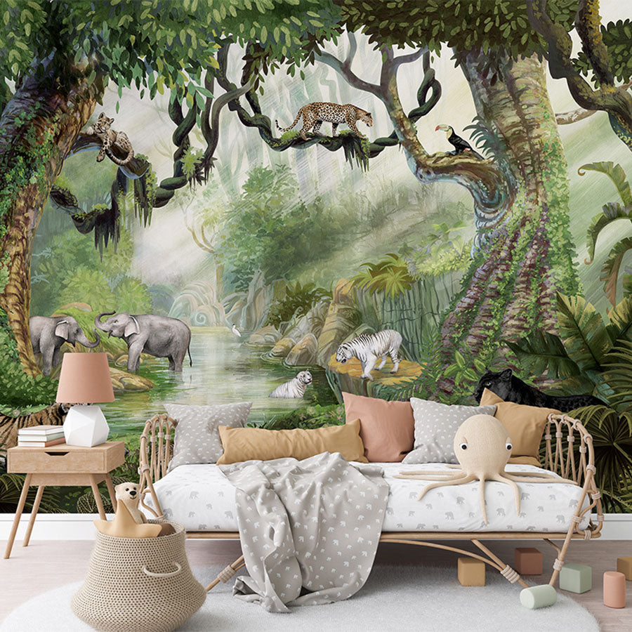 Jungle Cats wallpaper mural in a children’s bedroom rattan daybed