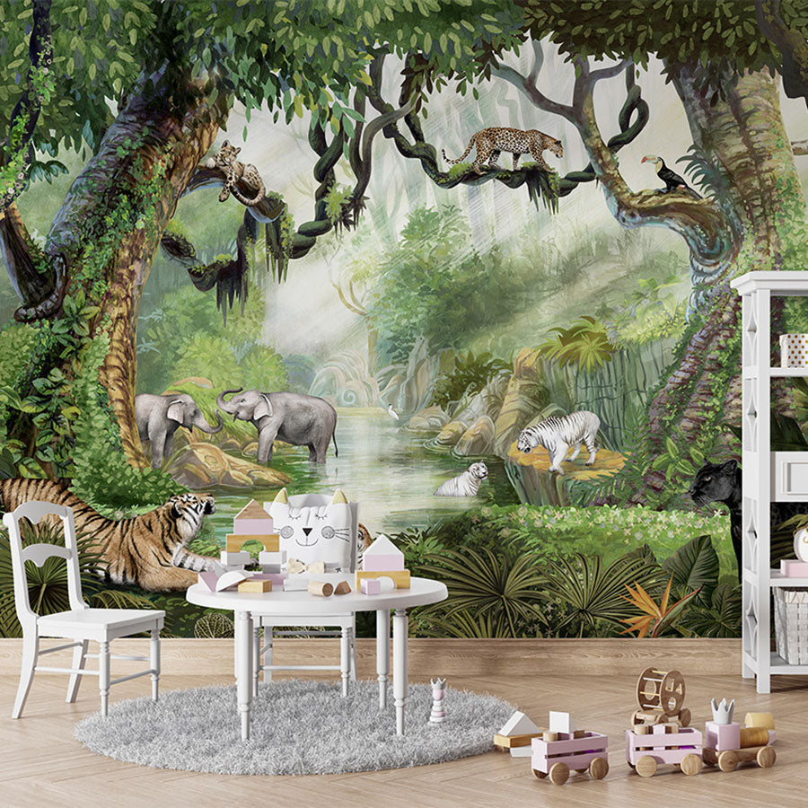 Jungle Cats wallpaper mural in a children’s playroom table