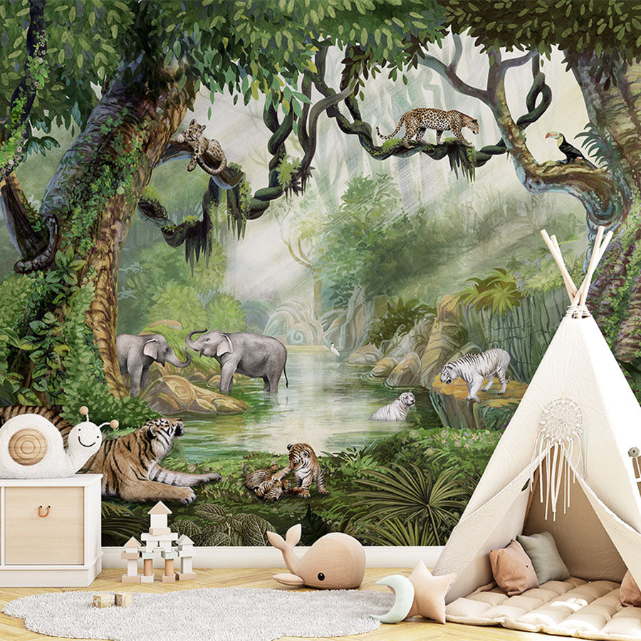 Jungle Cats wallpaper mural in a children’s playroom tipi