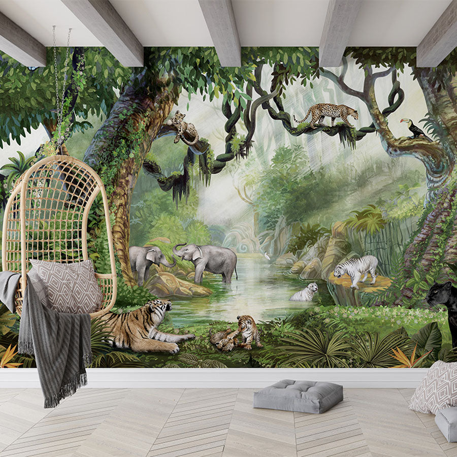 Jungle Cats wallpaper mural in a living room hanging chair