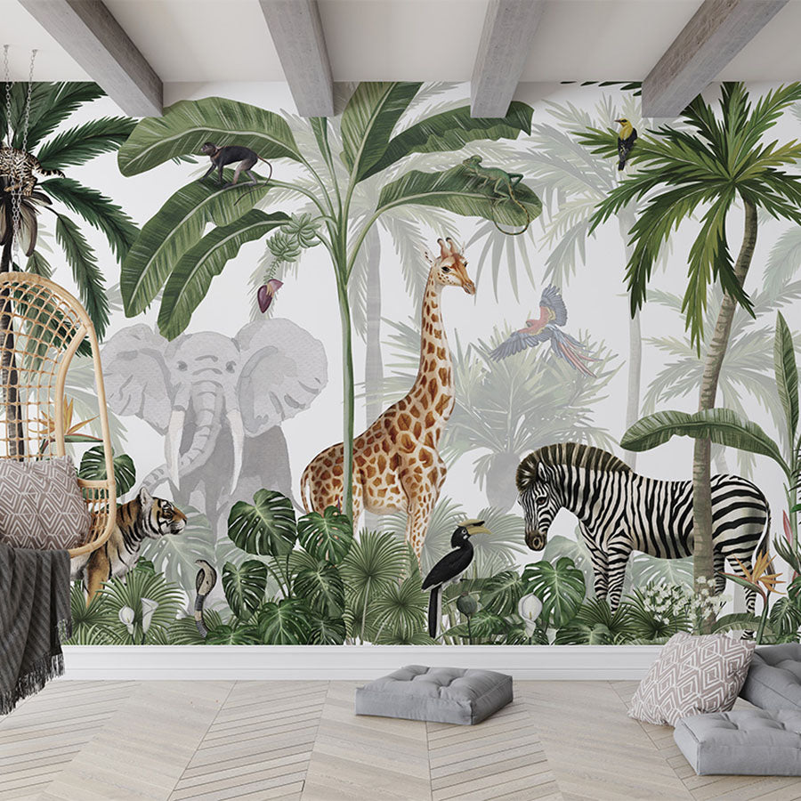 Jungle Jive – Green wallpaper mural in a living room hanging chair