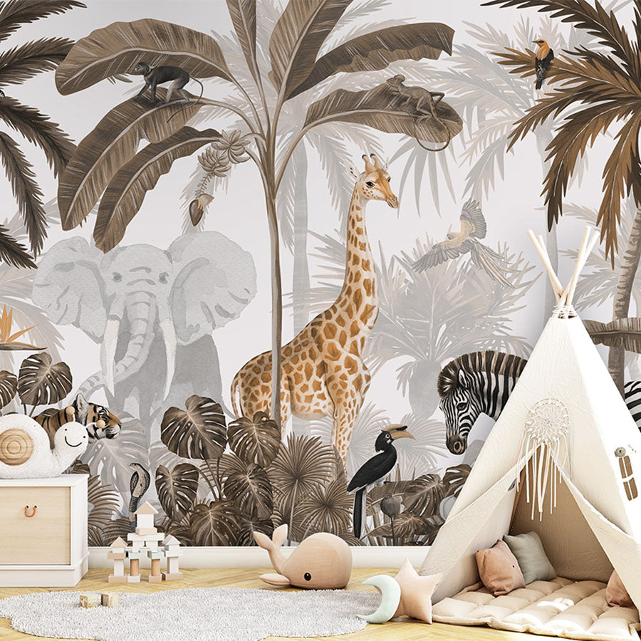 Jungle Jive – Sepia wallpaper mural in a children’s playroom tipi