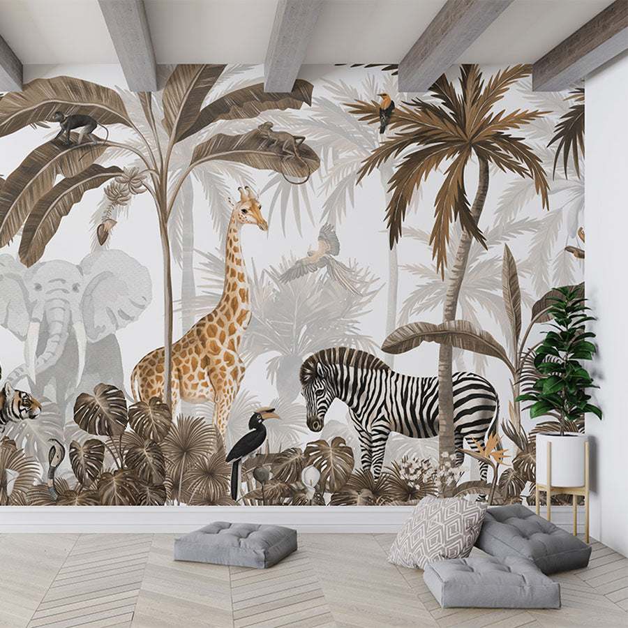 Jungle Jive – Sepia wallpaper mural in a living room floor cushions