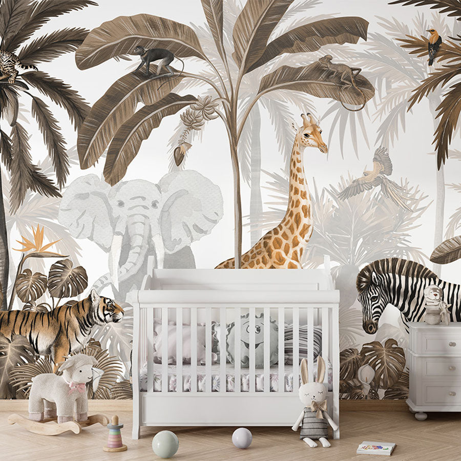 Jungle Jive – Sepia wallpaper mural in a nursery cot