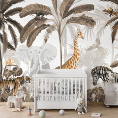 Jungle Jive – Sepia wallpaper mural in a nursery cot