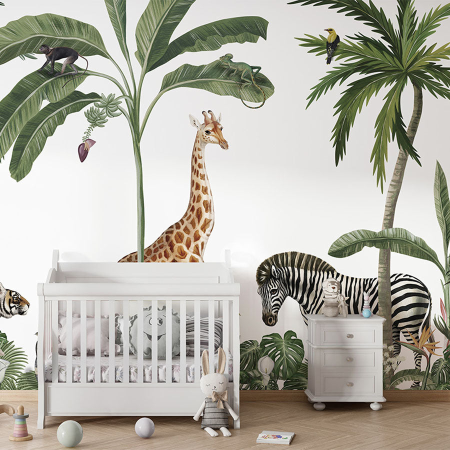 Jungle Jive – White wallpaper mural in a nursery cot