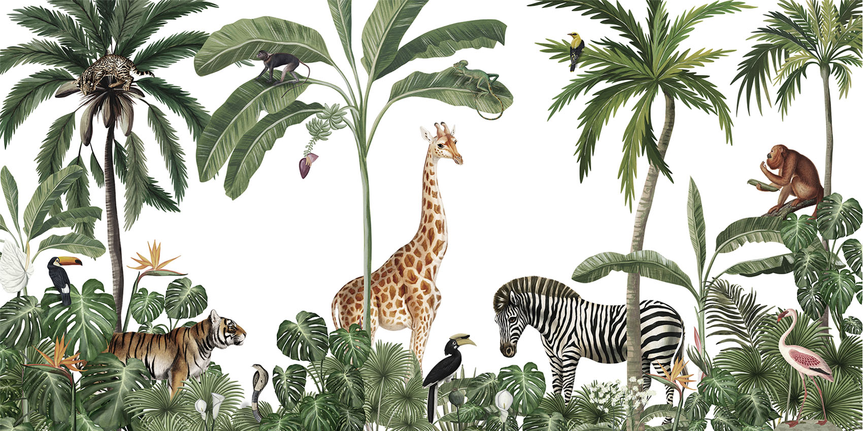 Jungle Jive – White wallpaper mural by Kikki Belle