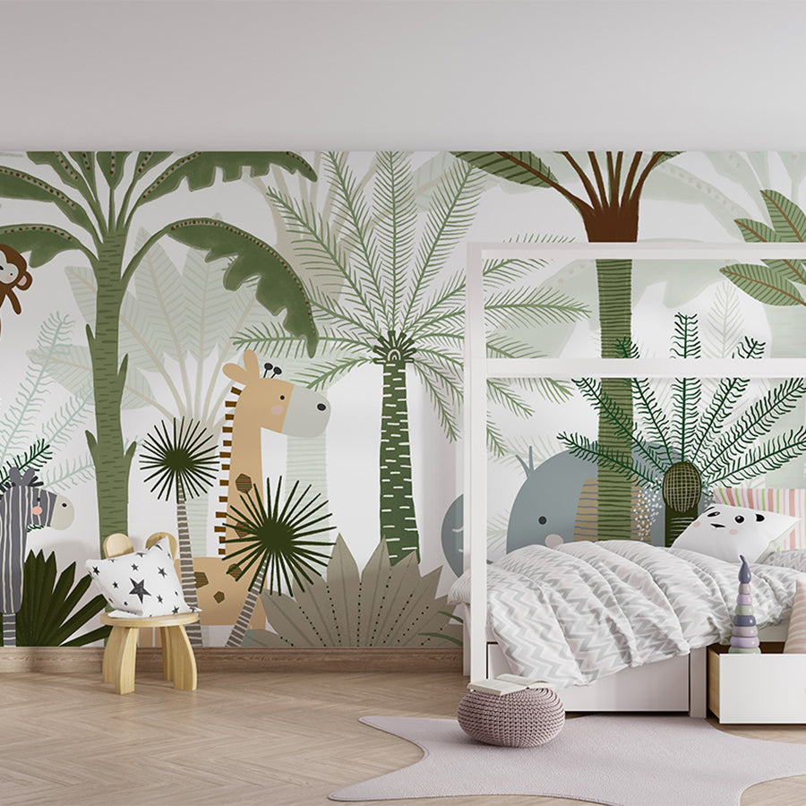Jungle Joy wallpaper mural shown in a children's bedroom house bed