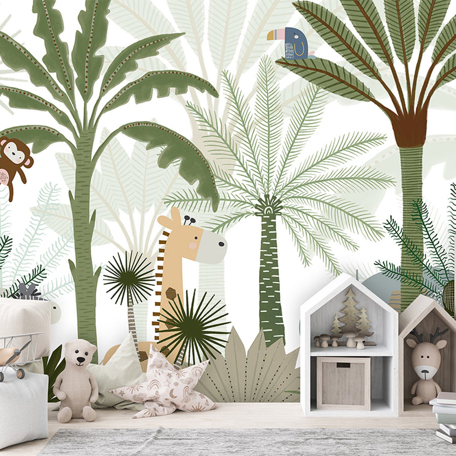 Jungle Joy wallpaper mural shown in a children's bedroom house shelves