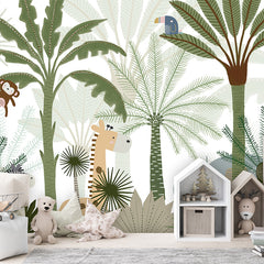 Jungle Joy wallpaper mural shown in a children's bedroom house shelves