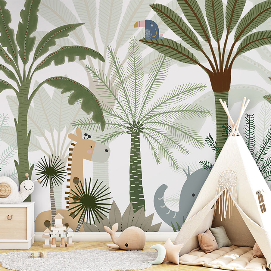 Jungle Joy wallpaper mural shown in a children's bedroom teepee