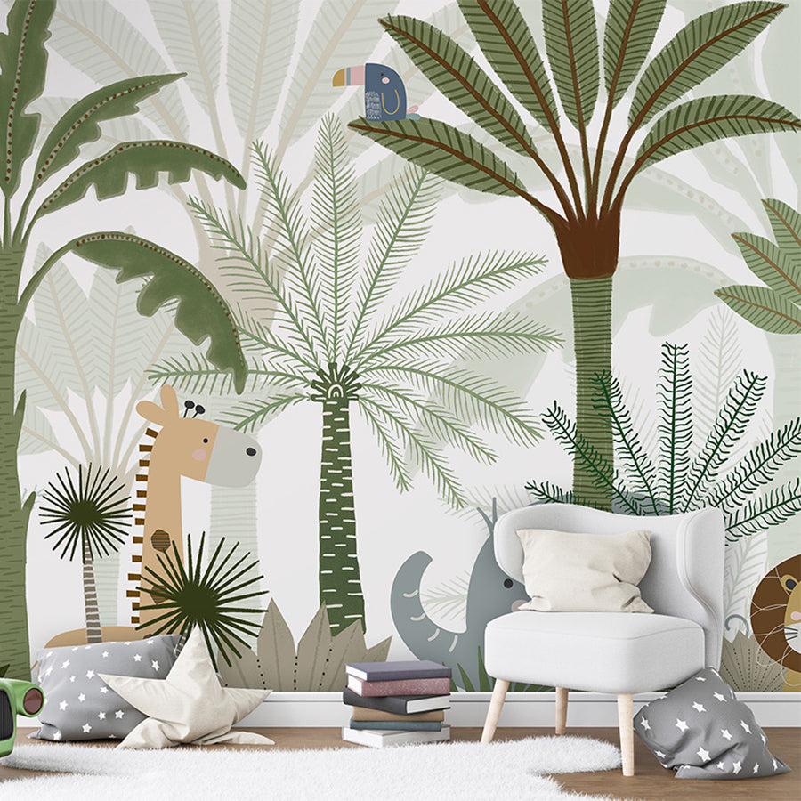 Jungle Joy wallpaper mural shown in a children's bedroom toy car