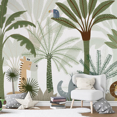 Jungle Joy wallpaper mural shown in a children's bedroom toy car