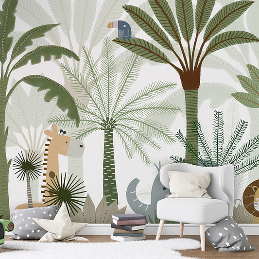 Jungle Joy wallpaper mural shown in a children's bedroom toy car