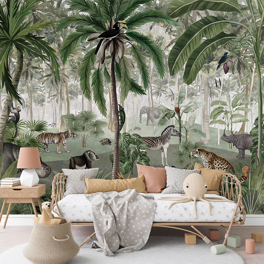 Jungle Lookbook wallpaper mural in a children’s bedroom rattan daybed