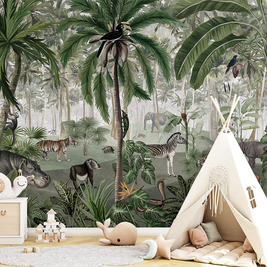 Jungle Lookbook wallpaper mural in a children’s playroom tipi