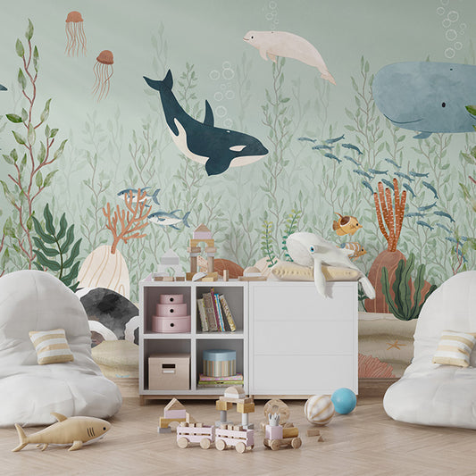 Kelp Forest wallpaper mural shown in a children's bedroom beanbags