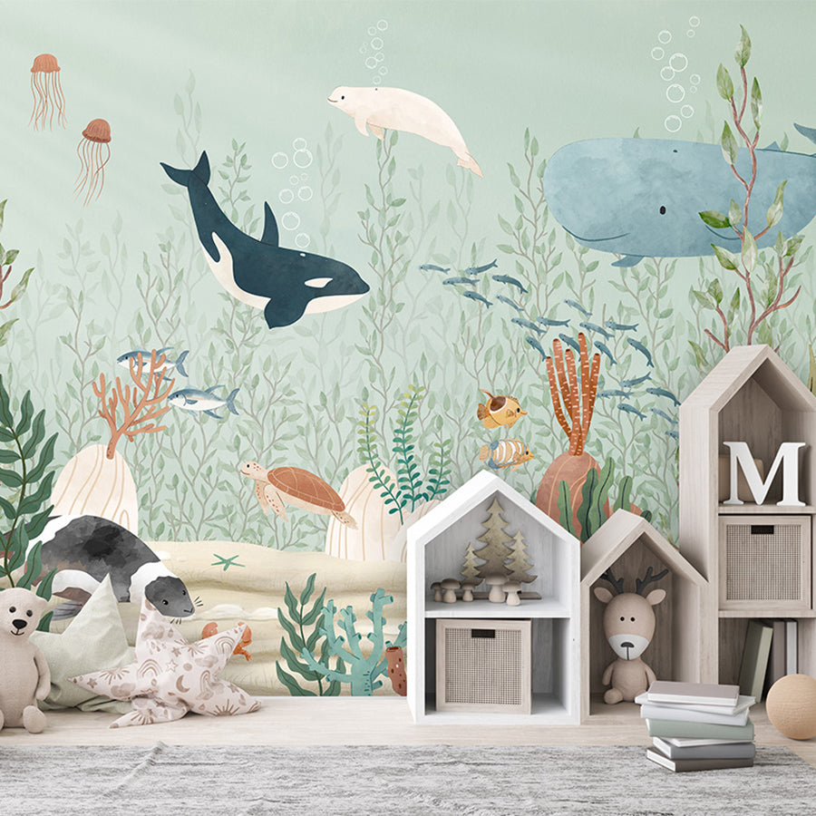 Kelp Forest wallpaper mural shown in a children's bedroom house shelves