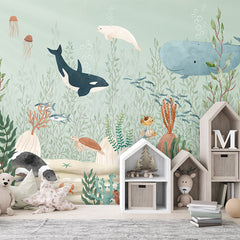 Kelp Forest wallpaper mural shown in a children's bedroom house shelves