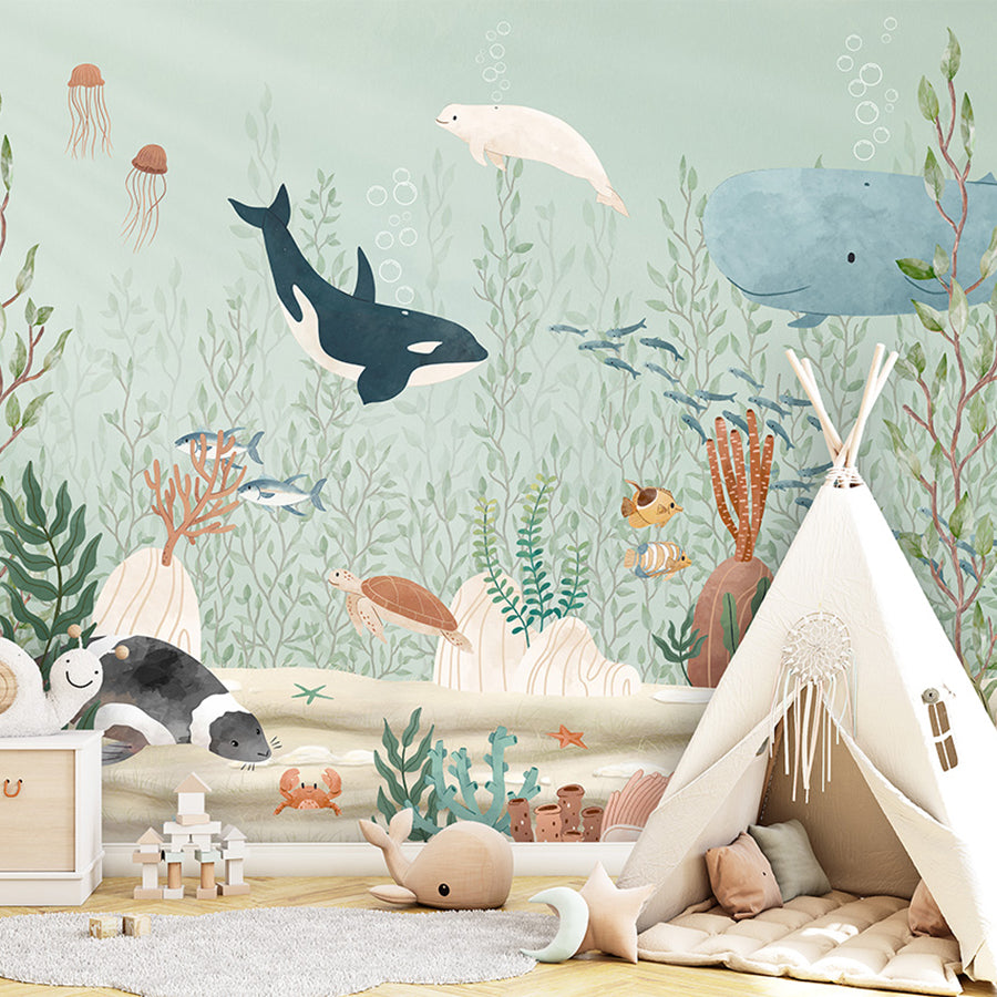 Kelp Forest wallpaper mural shown in a children's bedroom teepee