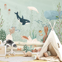 Kelp Forest wallpaper mural shown in a children's bedroom teepee