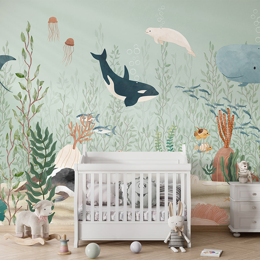 Kelp Forest wallpaper mural shown in a children's nursery crib