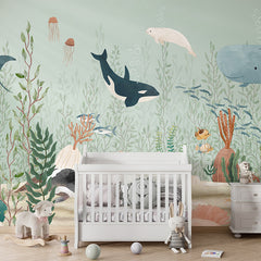 Kelp Forest wallpaper mural shown in a children's nursery crib