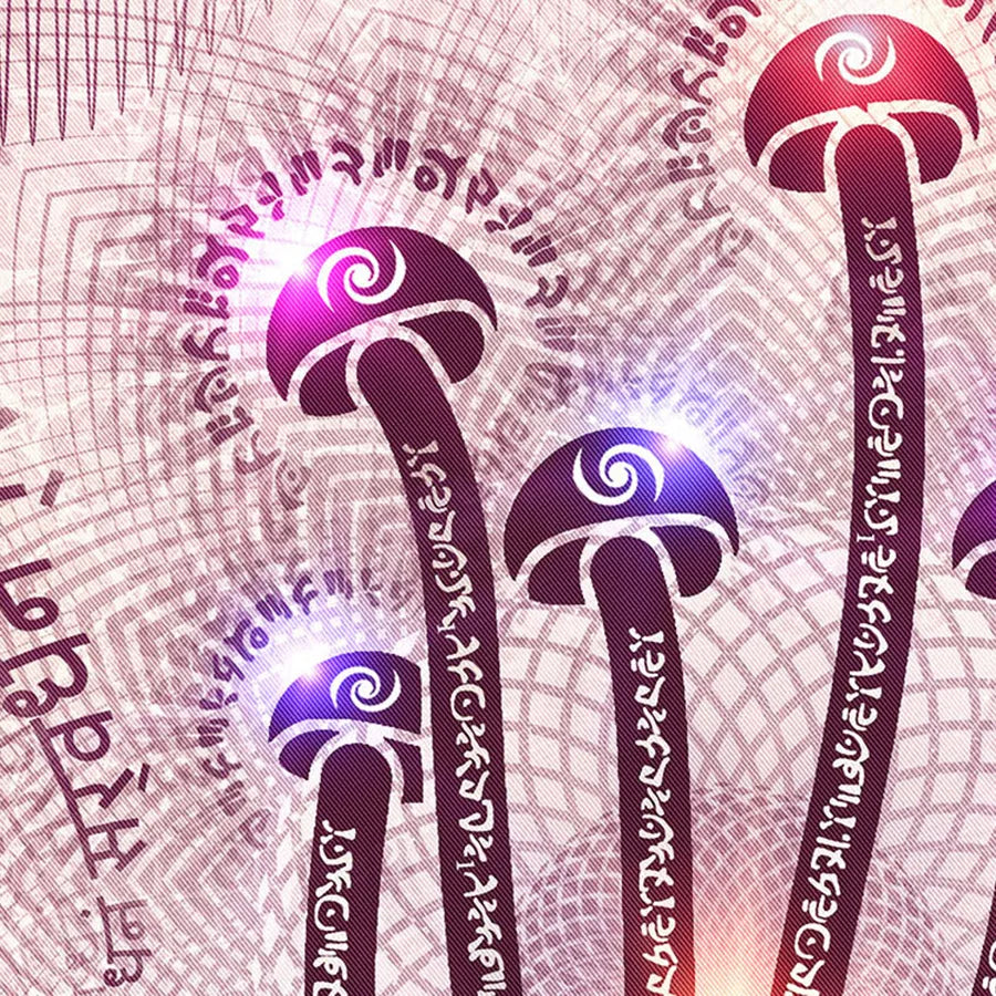 Close-up of Linguistic Mystic mushroom mural with sacred geometry and glowing detail