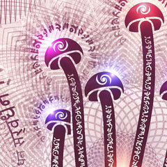 Close-up of Linguistic Mystic mushroom mural with sacred geometry and glowing detail
