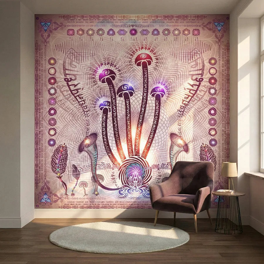 Linguistic Mystic psychedelic mushroom wallpaper mural in a living room with chair