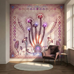 Linguistic Mystic psychedelic mushroom wallpaper mural in a living room with chair