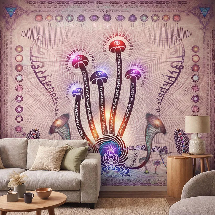 Linguistic Mystic psychedelic mushroom wallpaper mural in a living room with sofa