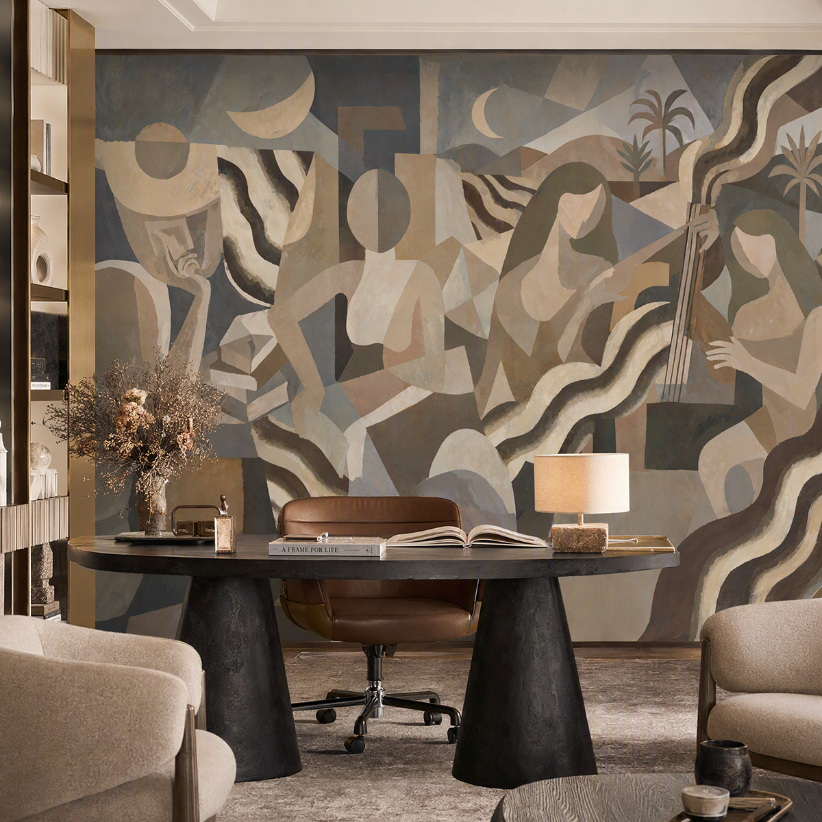 Lunar Drift wallpaper mural shown in home office with desk