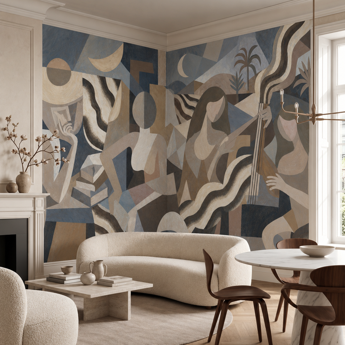 Lunar Drift wallpaper mural shown in living room with curved cream sofa