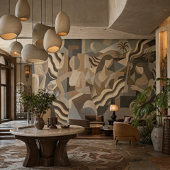 Lunar Drift wallpaper mural shown in living room with round table and pendant lights