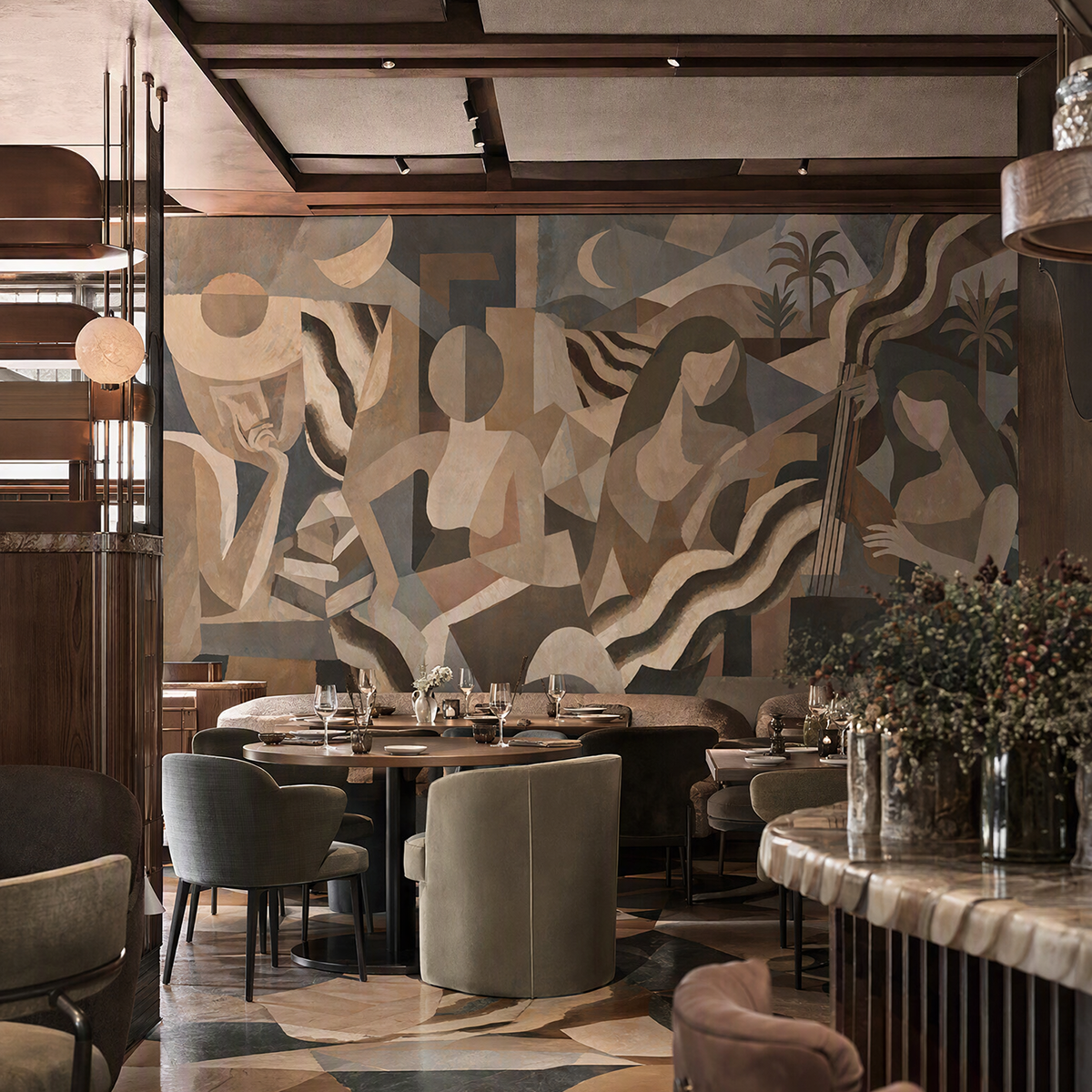 Lunar Drift wallpaper mural shown in restaurant dining room