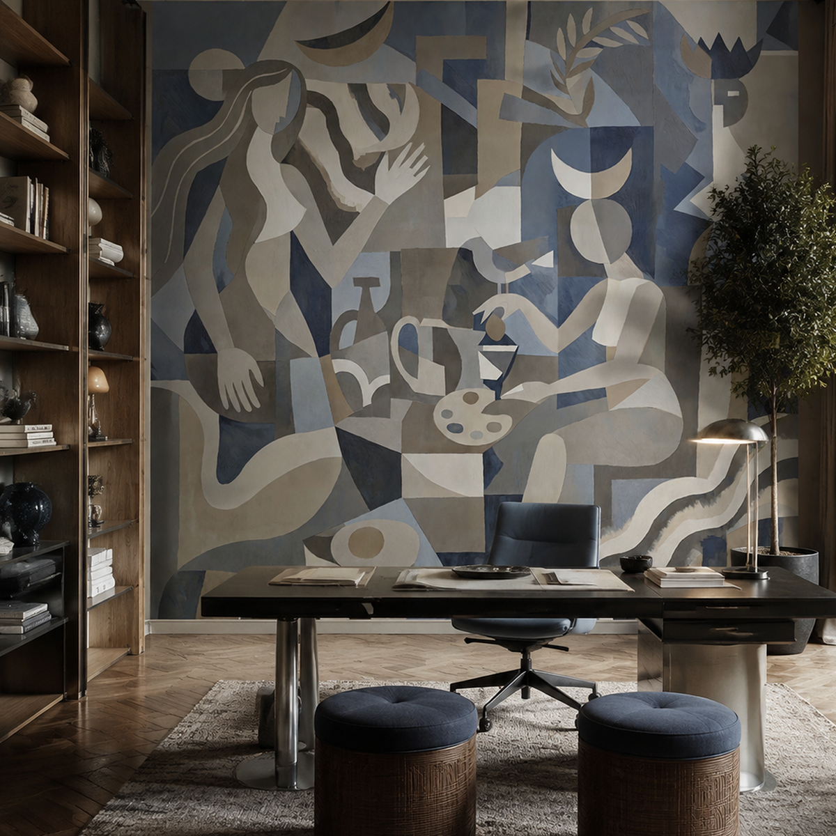 Lunar Eclipse wallpaper mural shown in home office with desk stools