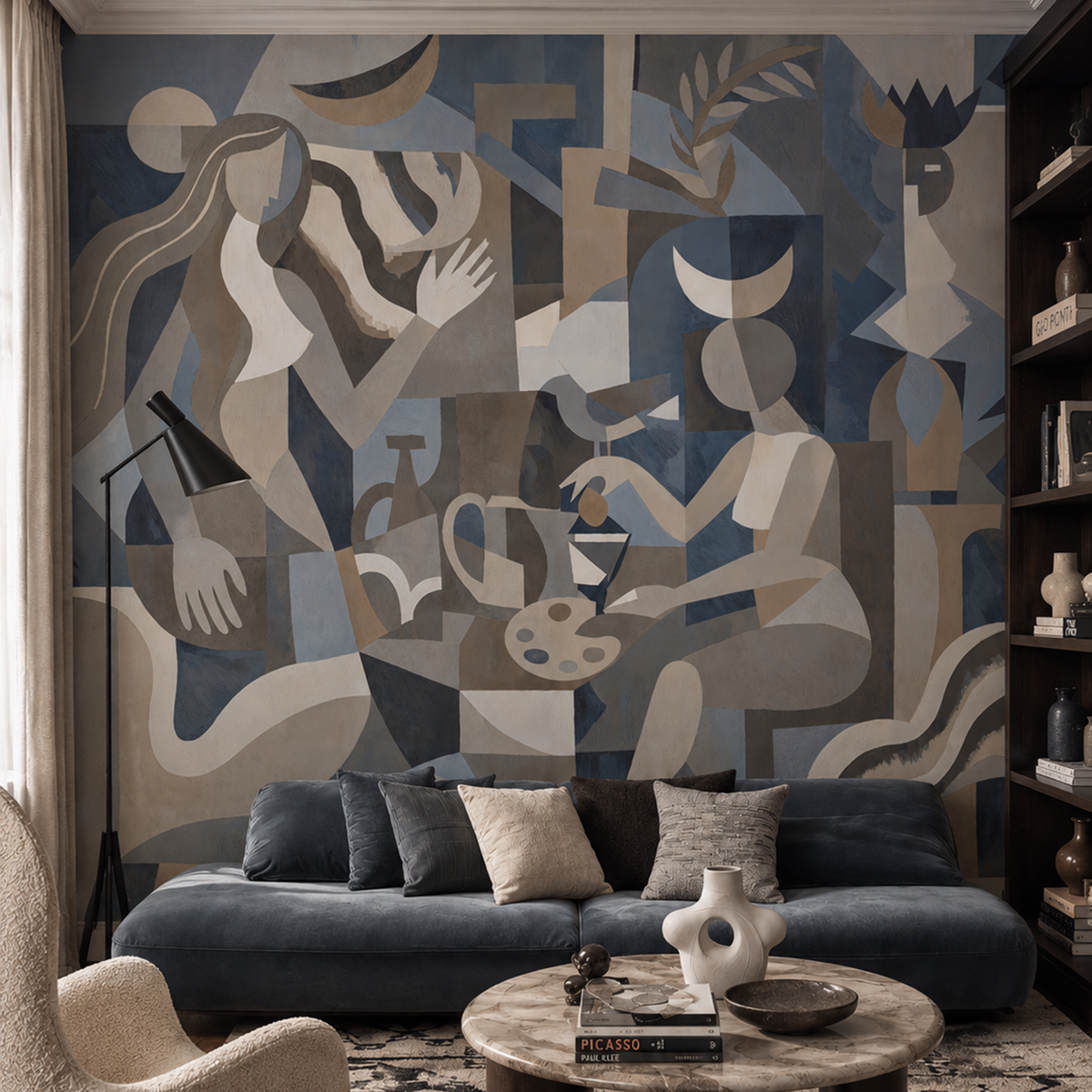 Lunar Eclipse wallpaper mural shown in living room with blue sofa and round table