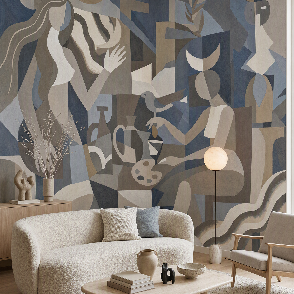 Lunar Eclipse wallpaper mural shown in living room with curved white sofa