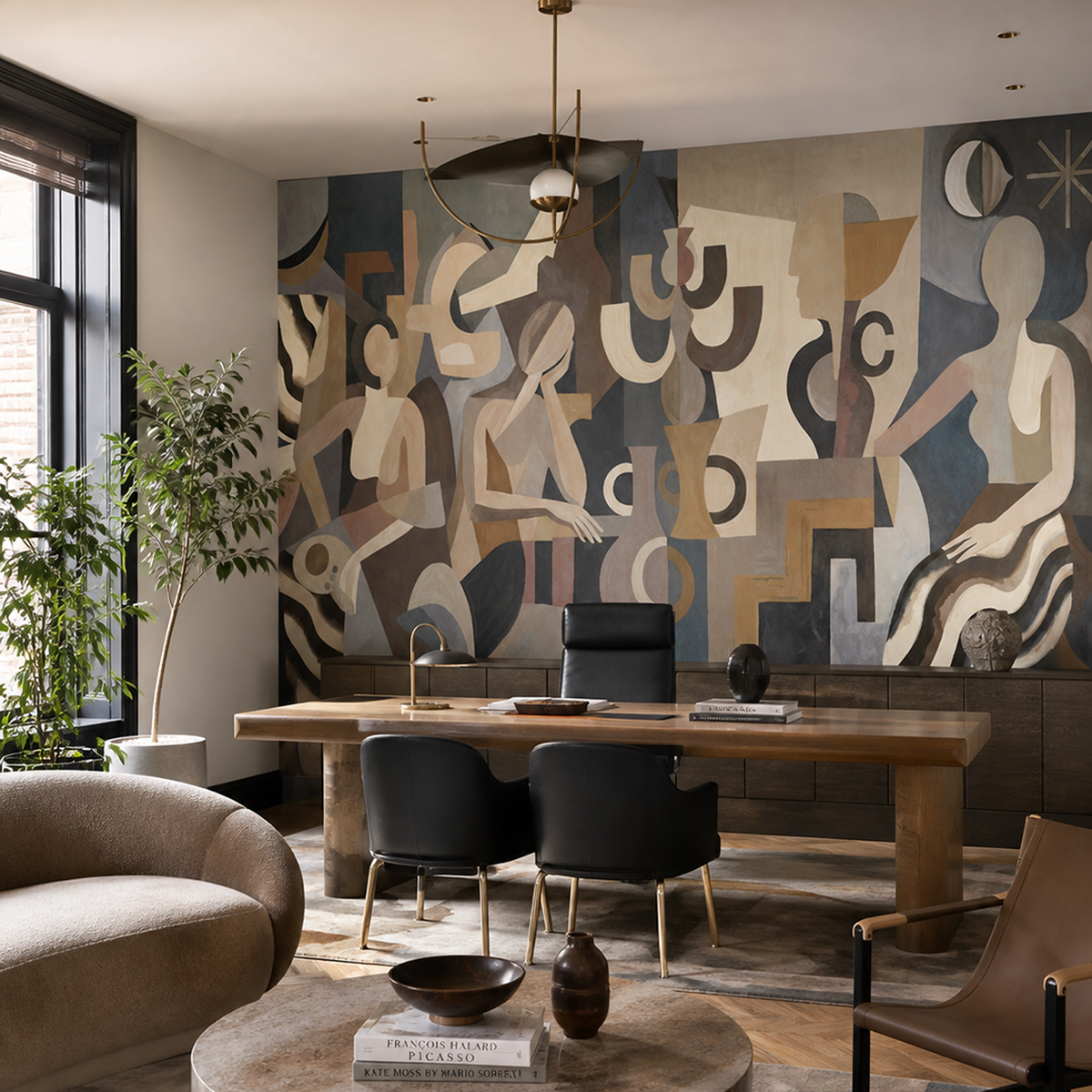Lunar Silence wallpaper mural shown in dining room with table and black chairs