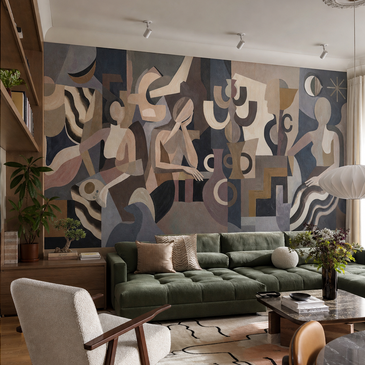 Lunar Silence wallpaper mural shown in living room with green sofa and white chairs