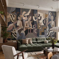 Lunar Silence wallpaper mural shown in living room with green sofa and white chairs