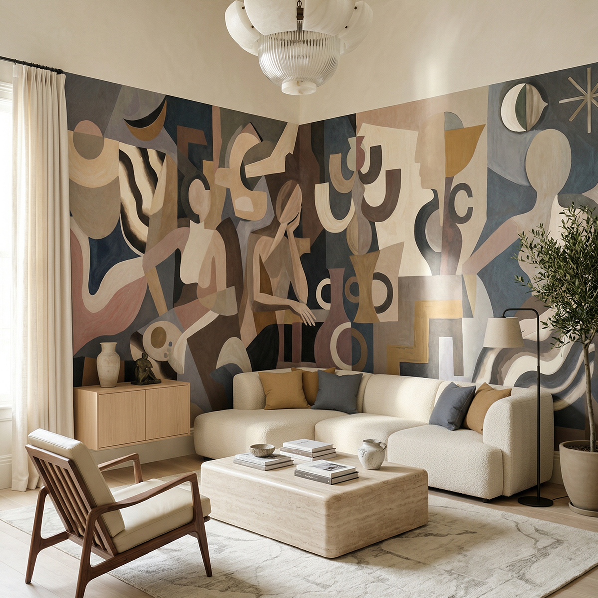 Lunar Silence wallpaper mural shown in living room with white sectional and wood chair