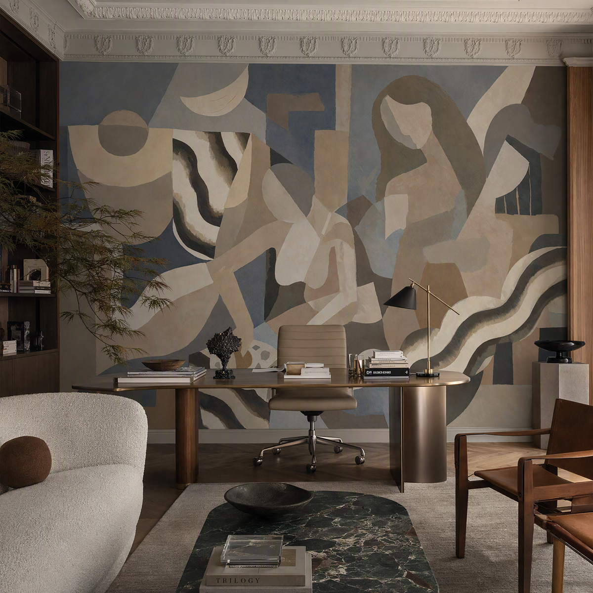 Lunar Smoke wallpaper mural shown in home office with desk white chair