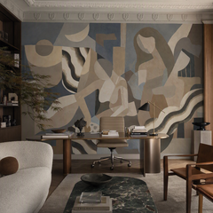 Lunar Smoke wallpaper mural shown in home office with desk white chair