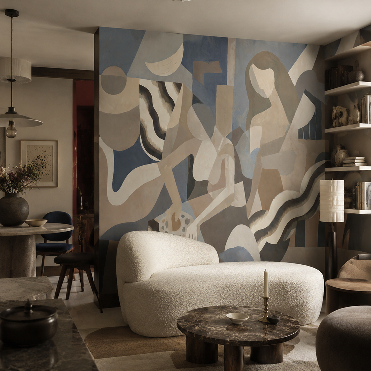 Lunar Smoke wallpaper mural shown in living room with curved white sofa