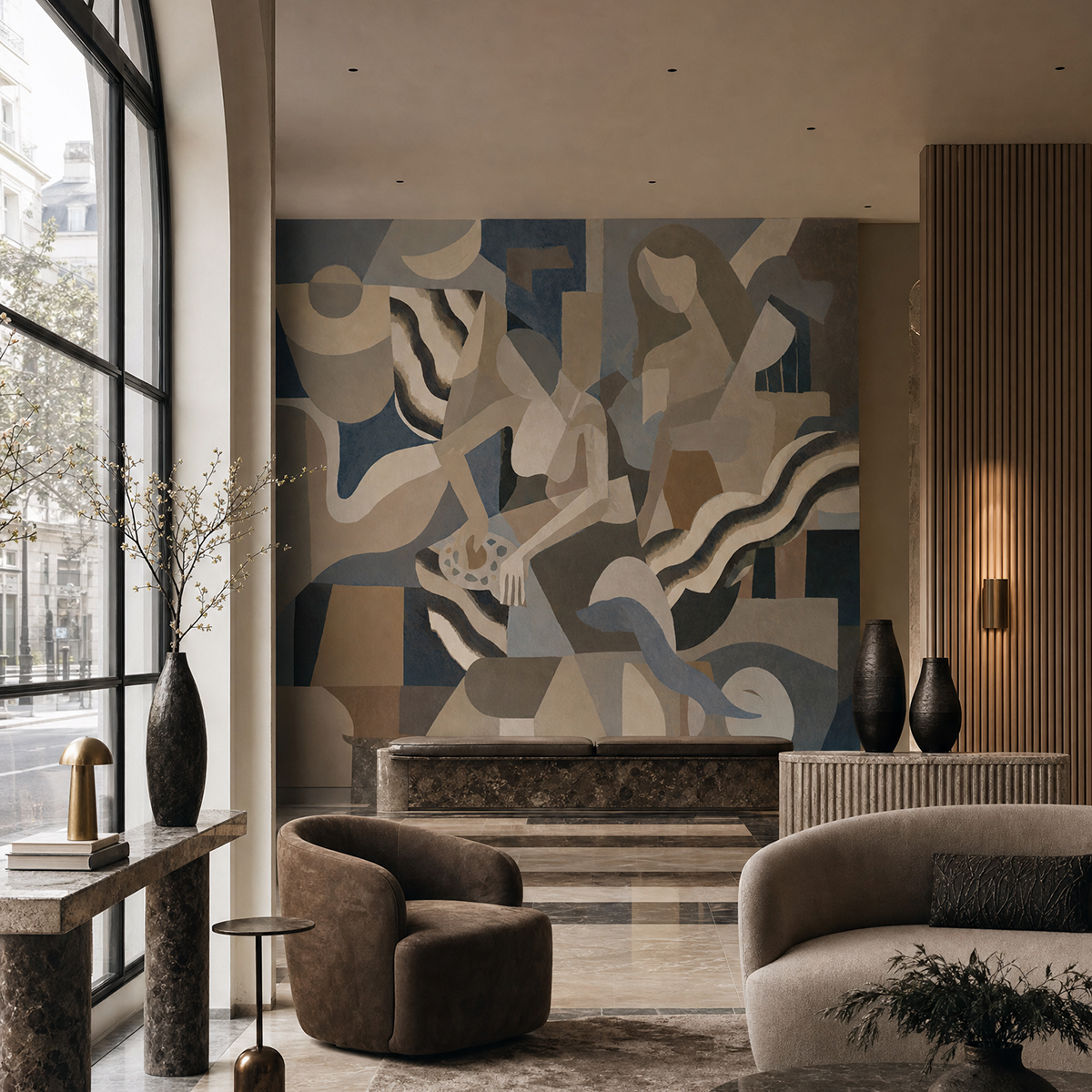 Lunar Smoke wallpaper mural shown in living room with grey sofa and curved chairs